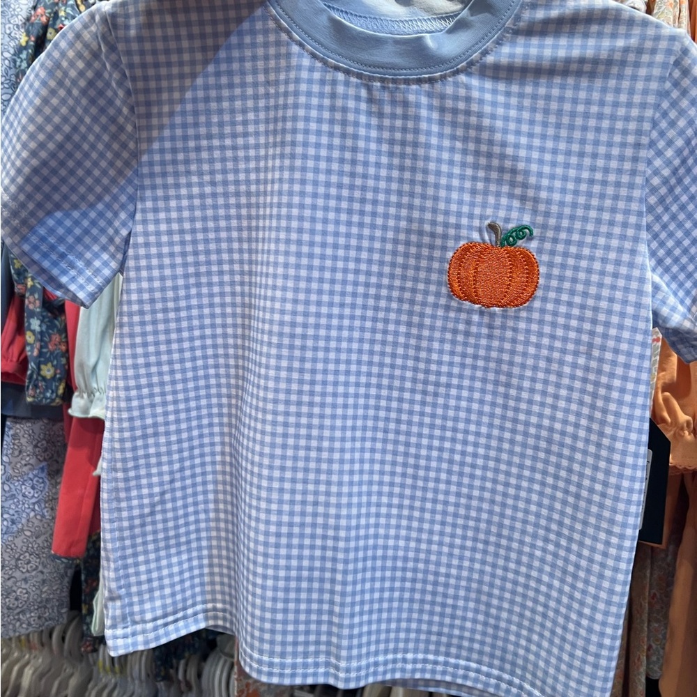 NWOT Light Blue Gingham Short Sleeve Boys Tee with Pumpkin Patch